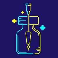 Logo covid-19 vaccine Exclamation Mark symbol in bottle and Syringe Tip with cross icon, Vaccination problem risk warning concept design illustration blue yellow color isolated on dark blue background vector