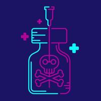 Logo covid-19 vaccine Crossbones symbol in bottle and Syringe Tip with cross icon, Vaccination problem risk dead concept design illustration blue, purple color isolated on dark blue background