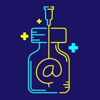 Logo covid-19 vaccine At sign symbol in bottle and Syringe Tip with cross icon, Vaccination Campaign online network concept design illustration blue, yellow color isolated on dark blue background vector