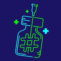 Logo covid-19 vaccine Hashtag symbol in bottle and Syringe Tip with cross icon, Vaccination Campaign online social network concept design illustration blue green color isolated on dark blue background
