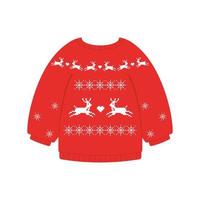 Christmas sweater with pixel winter embroidery template. Vintage scandinavian red style with running deer and falling snowflakes vector