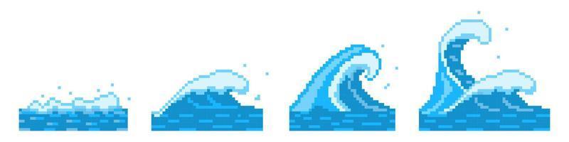 Pixelated sea and ocean waves. Blue tidal currents and powerful tsunami ridges vector