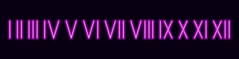 Roman neon numbers. Elegant purple ancient number font 1 to 12 old luxury math for templates and retro vector counting