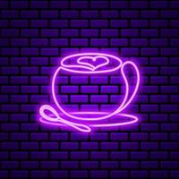 Neon cup with cappuccino on brick wall background. Purple abstract silhouette of hot crisp latte with frothy heart drawn in one line on saucer with spoon vector