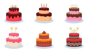 Delicious cakes with candles for birthday party set vector