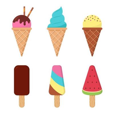 Collection of ice cream waffle cone and ice cream on stick
