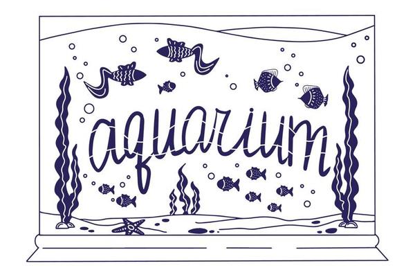 Aquarium, fish, sand, water, fish house, algae, underwater world, doodles style, hand drawing, vector image on a white background