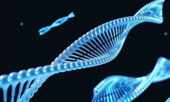 modificación genética del cromosoma del adn de hélice azul sobre fondo negro. ciencia y concepto médico. Representación de la ilustración 3d foto