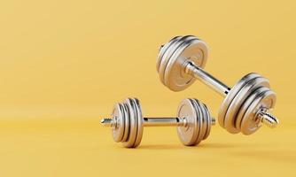 Two dumbbells on isolated yellow background. Fitness accessories and sport object concept. 3D illustration rendering photo