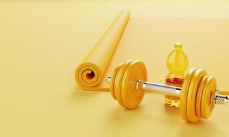 Sport fitness set with yoga mat drinking water bottle and dumbbell on pastel yellow background. Fitness and sport concept. Monocolor. 3D illustration rendering photo