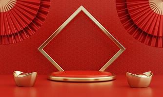 Chinese New Year red modern style one podium product showcase with golden ring frame and China pattern background. Happy holiday traditional festival concept. 3D illustration rendering graphic design photo