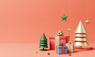 Decoración y adorno de Navidad con árbol de Navidad dorado, caja de regalo colorida y copo de nieve sobre fondo rojo. festival de vacaciones y concepto de objeto minimalista. Representación de la ilustración 3d foto