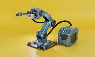 Robot arm with hand grip and power supply for manufacturing industrial plant on yellow background. Technology and Futuristic concept. Artificial intelligence and Iot. 3D illustration rendering photo