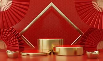 Chinese New Year red modern style three podium product showcase with golden ring frame Japanese style pattern background. Happy holiday traditional festival concept. 3D illustration rendering photo