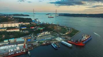 Vladivostok, Russia. Aerial view of the cityscape at sunset. photo