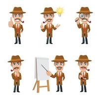 conjunto de personaje detective en 6 poses diferentes. vector