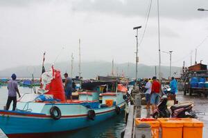 indonesia 2021: los pescadores están descargando sus capturas foto