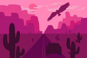 Desert landscape with eagle, cactus and sun. Vector