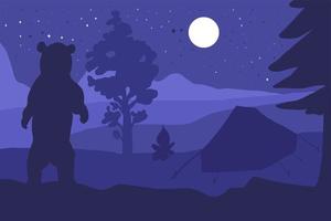 oso caminando en el campamento de montaña del bosque por la noche vector