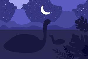Swimming dinosaurs. Night nature scene vector