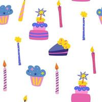 pastel de cumpleaños y velas de patrones sin fisuras. fondo de tortas dulces. textura para tela, envoltura, textil, papel tapiz, ropa. mano dibujar vector ilustración de dibujos animados