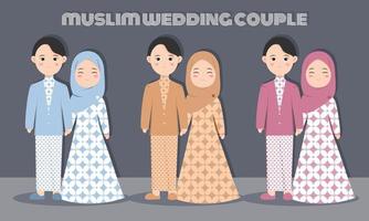 cute muslim couple character set with batik dress for wedding or engagement invitation card. Vector illustration in cartoon of a couple in love