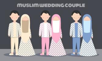 cute muslim couple character set with batik dress for wedding or engagement invitation card. Vector illustration in cartoon of a couple in love