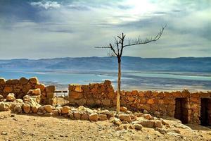 Vista panorámica del monte masada en el desierto de judea cerca del mar muerto, israel. foto