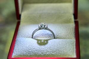 Jewelry production. White gold diamond ring in ice-lit gift box. Wedding, engagement, marriage proposal photo