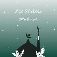 Eid Al Adha Mubarak greeting card vector design. Islamic beautiful background with mosque, star, moon and text Eid Al-Adha Mubarak. Islamic illustration for muslim community sacrifice celebration.