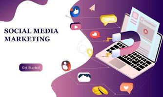 Landing page of social media marketing. Communication in social networks. Image of mobile phone with chat, likes and money. 3d isometric design for infographics, banner, website, promotional materials