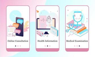 Application design set for Online Consultation, Health Information, Medical Examination. UI onboarding screens design. Mobile app template web site. 3D modern vector illustrations for user interface.