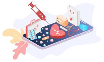 Isometric landing page design template for Online Pharmacy, Online Medicine, Medical Service and Healthcare Insurance. Flat isometric vector illustration for backgrounds, infographics, web banners.