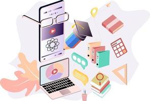 Modern flat design isometric concept of Online Education for banner and website. Isometric landing page template. Online training courses, university studies, e-learning research. Vector illustration.