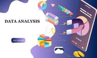 diseño plano moderno concepto isométrico 3d de análisis de big data para banner y sitio web. plantilla de página de destino isométrica. cuadro de información digital y presupuesto financiero estadístico. ilustración vectorial. vector