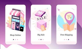 Vector illustration of Shop Online, Big Sale and Free Shipping service on the onboarding app screens and web concept. Modern interface UX, UI GUI screen template for smart phone or web site banners.