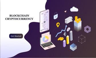 Fondo isométrico de diseño plano moderno de blockchain y criptomoneda para banner y sitio web. plantilla de página de destino. transacción de efectivo virtual, concepto de cadena de bloques de criptomonedas. ilustración vectorial vector