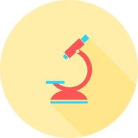 Microscope in circle icon with long shadows. Symbol of science, chemistry, pharmaceutical instrument, microbiology magnifying tool. Flat style for graphic design. Suitable for logo, web, ui, app. vector