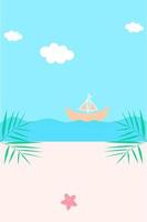 Beach background with starfish, sand boat, coconut leaves and sea. Seaside view poster. Summer holidays illustration and summer vector background. Tropical travel template for mobile, web site, UI.