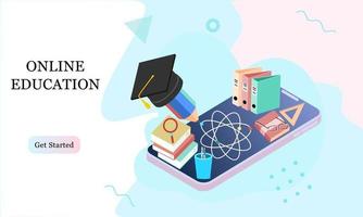 Isometric landing page template concept of Online Education for banner and website in memphis style background. Online training courses, university studies, e-learning research. Vector illustration.