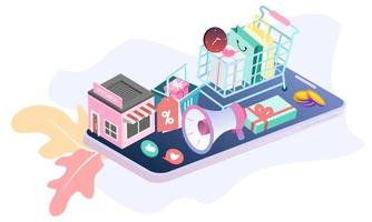 Landing page of 3d isometric online shopping on websites or mobile applications concepts of vector e-commerce and digital marketing. Isometric background illustration for banner online store promotion