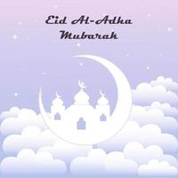 Eid Al Adha Mubarak greeting card vector design. Islamic beautiful background with mosque, star, moon and text Eid Al-Adha Mubarak. Islamic illustration for muslim community sacrifice celebration.