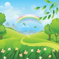 Spring Scenery with Rainbow vector