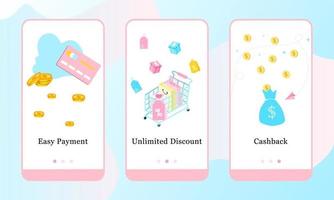 Shopping sale store mobile app page onboard screen set. Application design set for Easy Payment, Unlimited Discount and Cashback. UI on boarding screens design. Mobile app template vector illustration