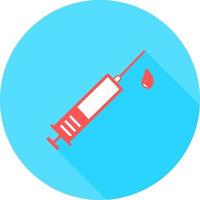 Medical syringe, hypodermic needle, Inject needle concept of vaccination, injection in circle icon with long shadows. Vector illustration. Drug dose concept. Symbol web site design, logo, app, UI.