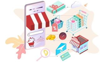 página de inicio de compras en línea isométricas 3d en sitios web o conceptos de aplicaciones móviles de comercio electrónico vectorial y marketing digital. Ilustración de fondo isométrico para promoción de tienda en línea de banner vector