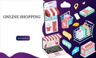 Landing page of 3d isometric online shopping on websites or mobile applications concepts of vector e-commerce and digital marketing. Isometric background illustration for banner online store promotion