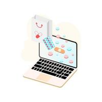 Online medicine on the laptop screen. 3D isometric medical prescription concept. Healthcare consulting web service. Hospital support online. Pharmacy, clinic, drugstore. Vector flat illustration.