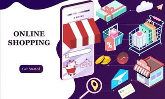 Landing page of 3d isometric online shopping on websites or mobile applications concepts of vector e-commerce and digital marketing. Isometric background illustration for banner online store promotion