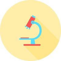 Microscope in circle icon with long shadows. Symbol of science, chemistry, pharmaceutical instrument, microbiology magnifying tool. Flat style for graphic design. Suitable for logo, web, ui, app. vector